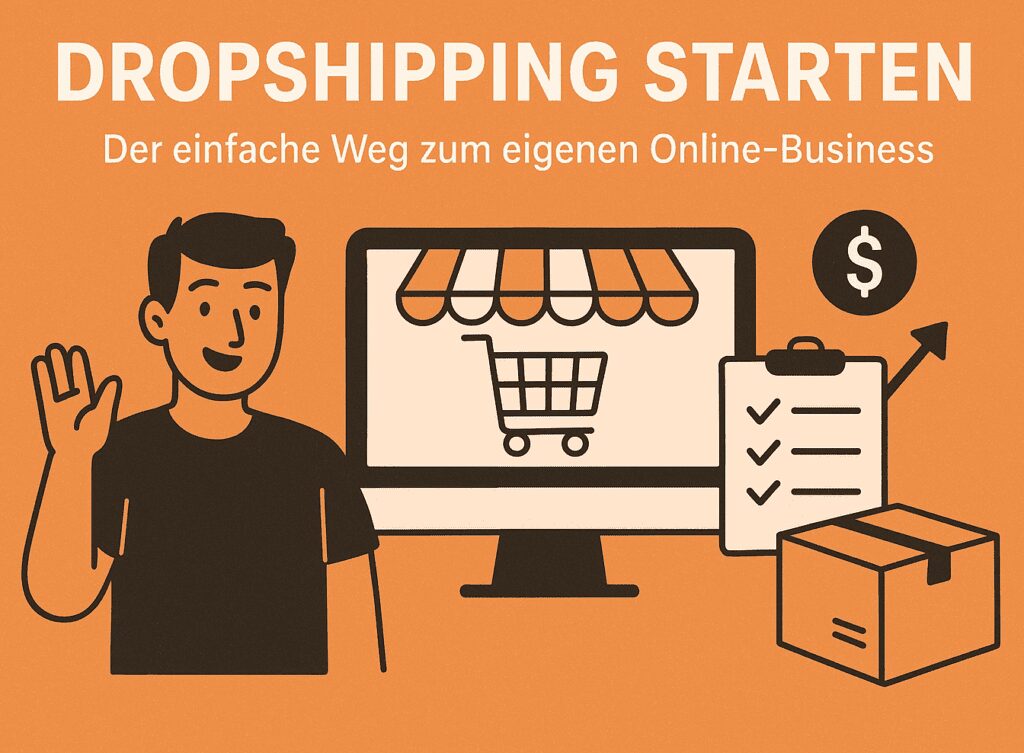 Ein Mann sitzt am Laptop, umgeben von Symbolen für Versand, Shop und Geld – Symbolbild für Dropshipping starten.