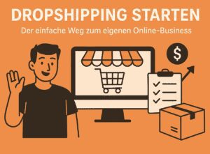 Ein Mann sitzt am Laptop, umgeben von Symbolen für Versand, Shop und Geld – Symbolbild für Dropshipping starten.