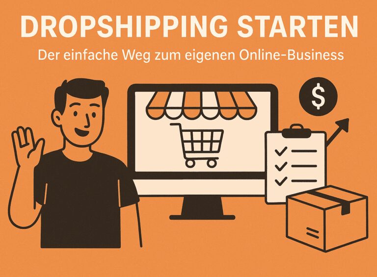 Ein Mann sitzt am Laptop, umgeben von Symbolen für Versand, Shop und Geld – Symbolbild für Dropshipping starten.
